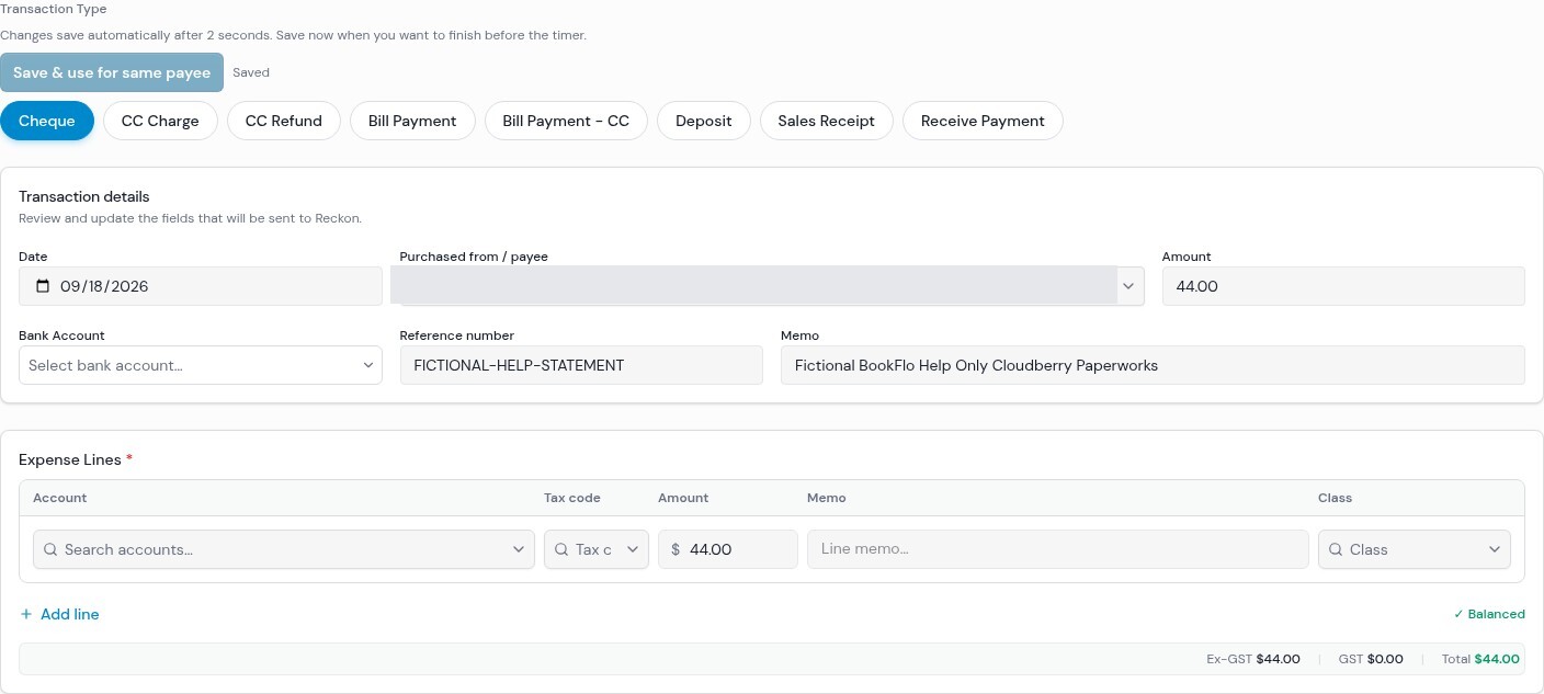 Expanded Feed History coding editor for an imported fictional cheque draft