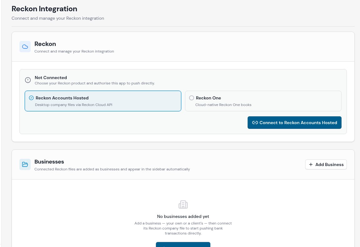 Reckon Integration showing Not Connected and no businesses in an isolated demonstration account
