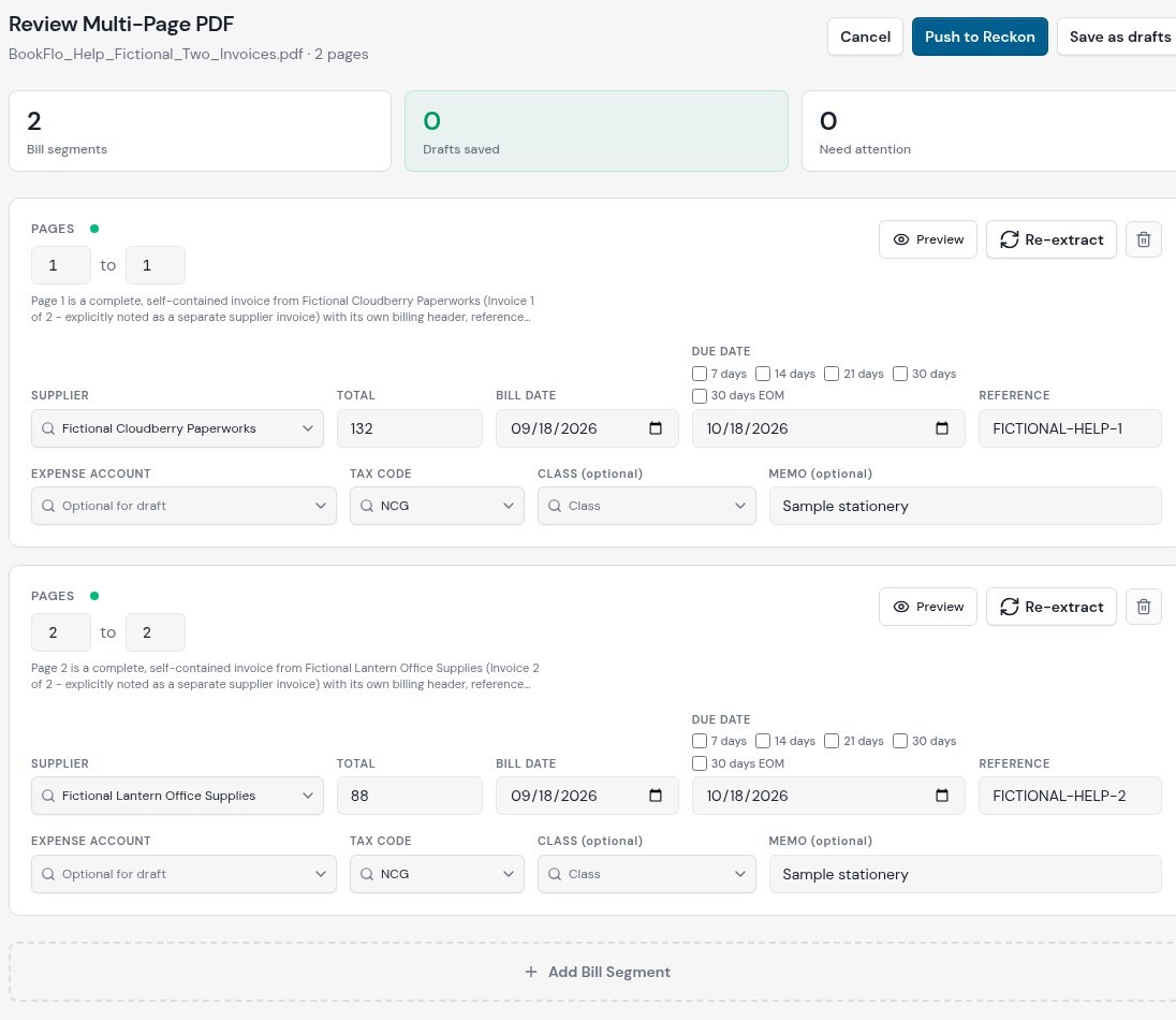 Review Multi-Page PDF showing two proposed one-page bill segments from fictional invoices
