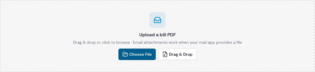 Enter Bill PDF upload area with Choose File and Drag and Drop controls