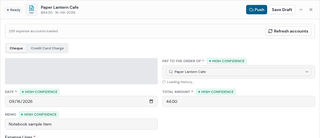 Fictional receipt extracted to a Ready review card with date, total, memo and confidence badges